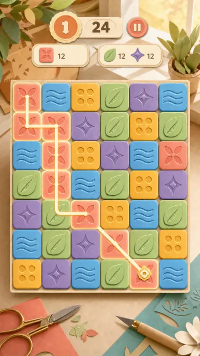 Sunlit Studio gameplay with a valid chain that turns diagonal after its fifth tile.