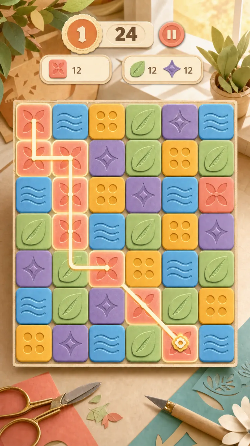 Sunlit Studio gameplay with a valid chain that turns diagonal after its fifth tile.
