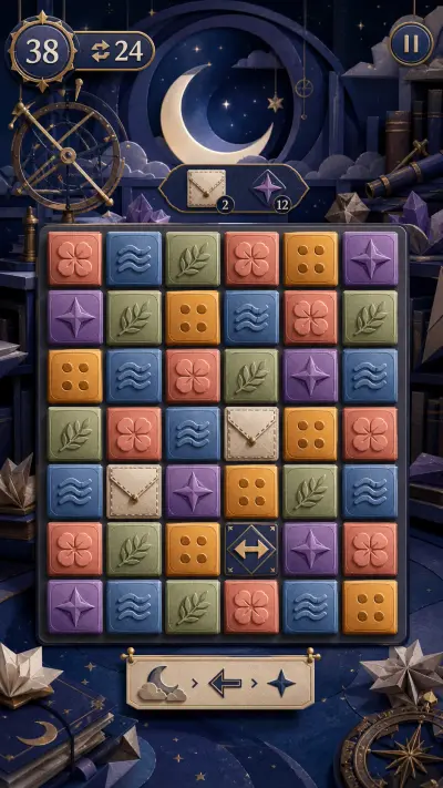 Moonlit Archive gameplay with tactile tiles, envelope blockers and a forecast indicator.