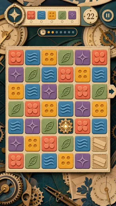Clockwork Collage gameplay with a row-shift indicator, pulse special and tape blockers.