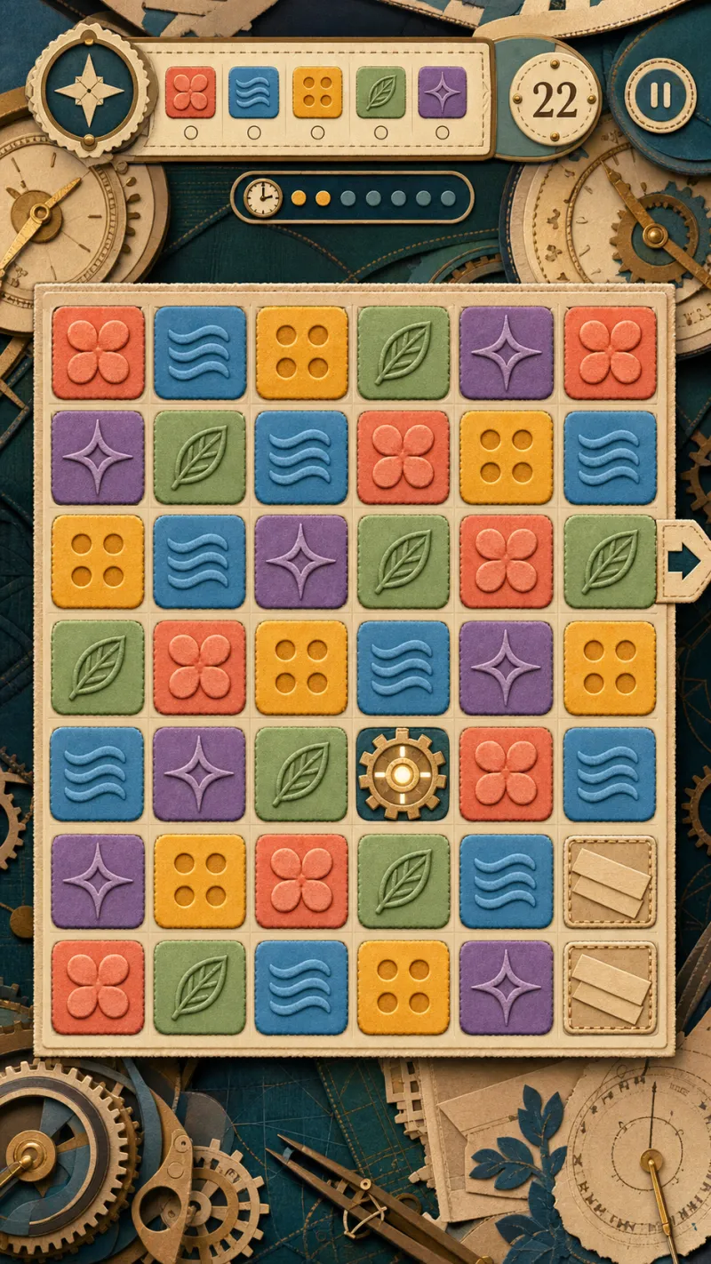 Clockwork Collage gameplay with a row-shift indicator, pulse special and tape blockers.