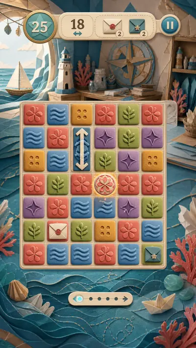 Tidebound Studio gameplay with letters, a directional special and layered paper waves.