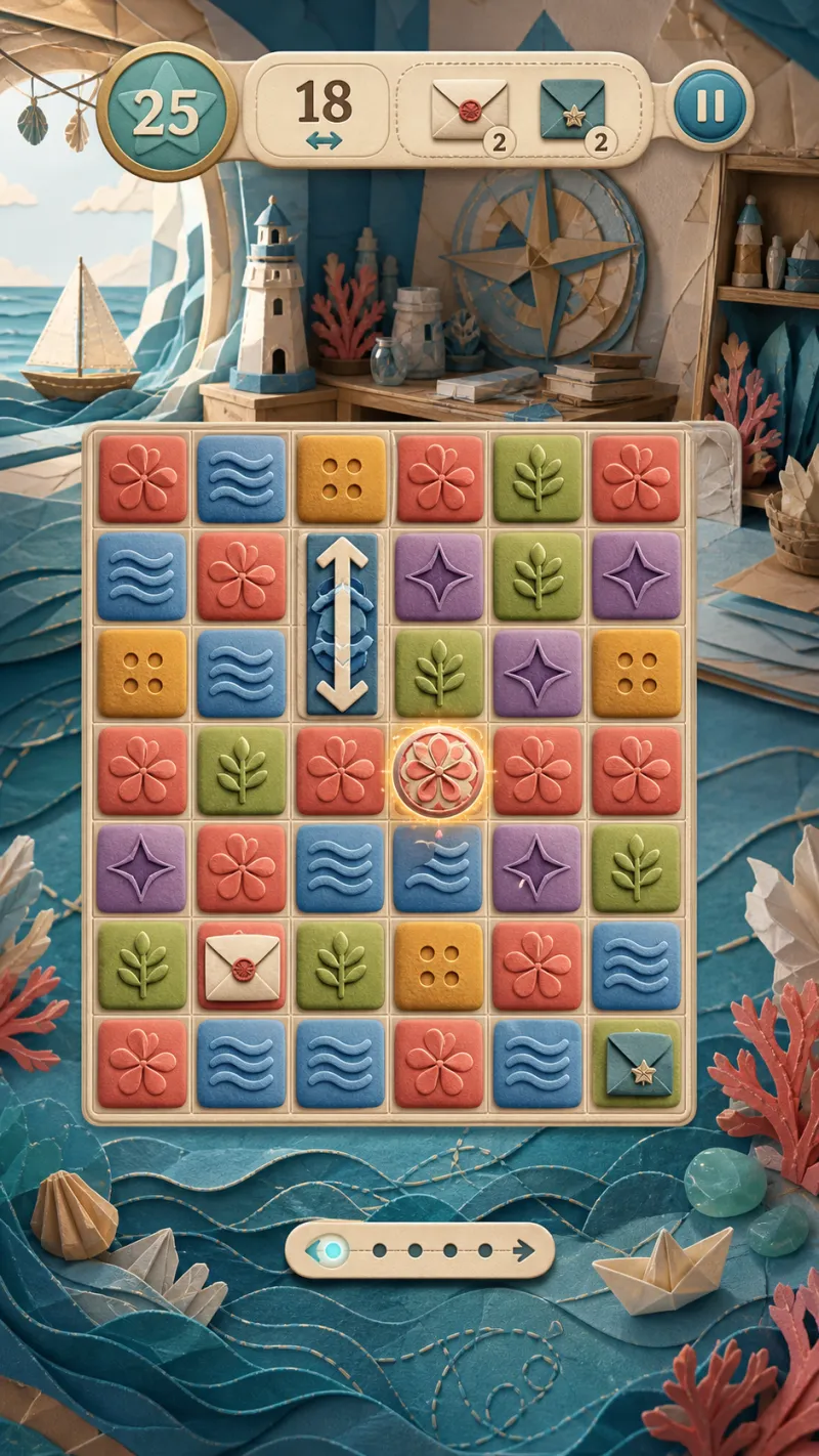 Tidebound Studio gameplay with letters, a directional special and layered paper waves.