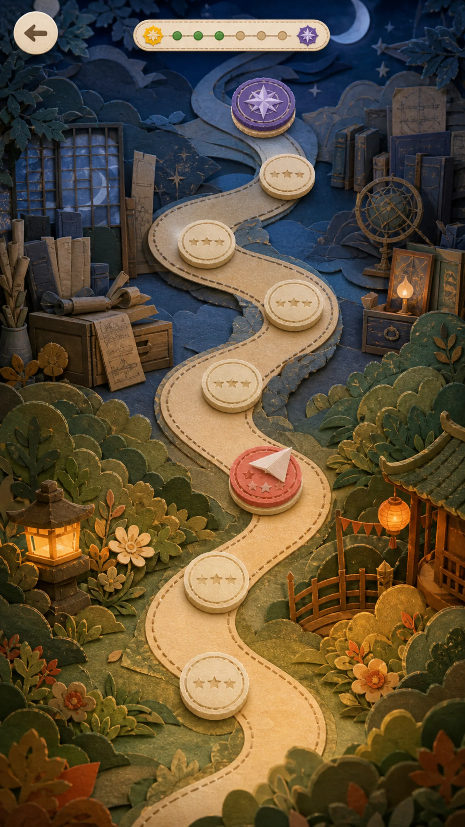 A scrollable stitched chapter path moving from a lantern garden into a moonlit archive.