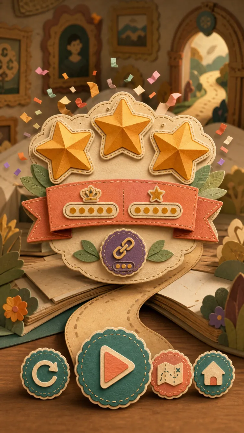 A three-star level completion screen with replay, next-level, map and home controls.