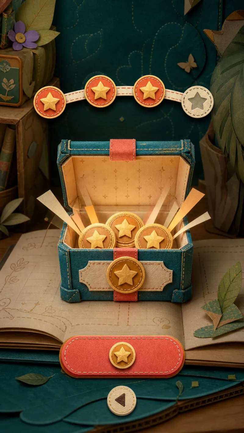 A stitched paper Score Chest presenting calm mastery milestones and star-coin rewards.