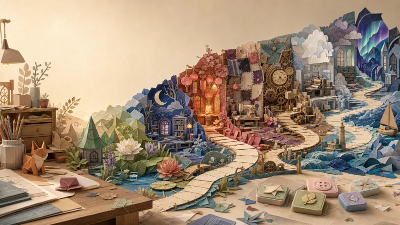 A handcrafted workbench unfolding into many distinct Peel Tales chapter worlds.