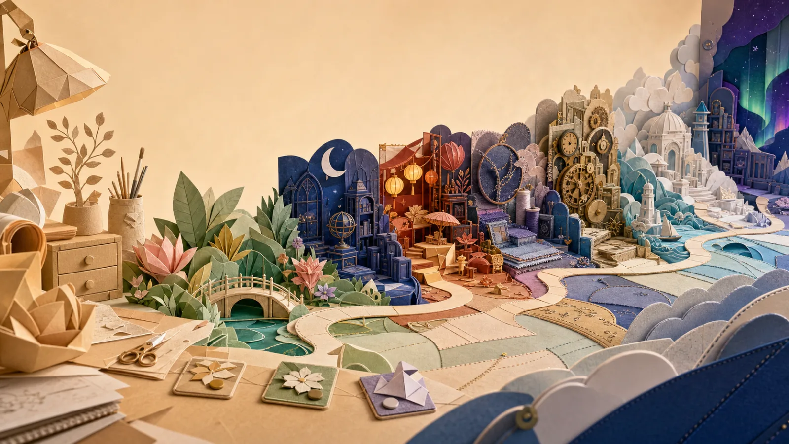 A paper path crossing garden, archive, festival, clockwork, sea, cloud and aurora worlds.