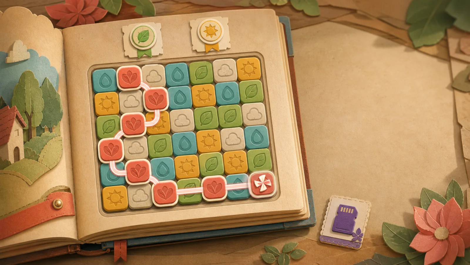 A tactile papercraft puzzle board showing a valid long coral chain and special endpoint.