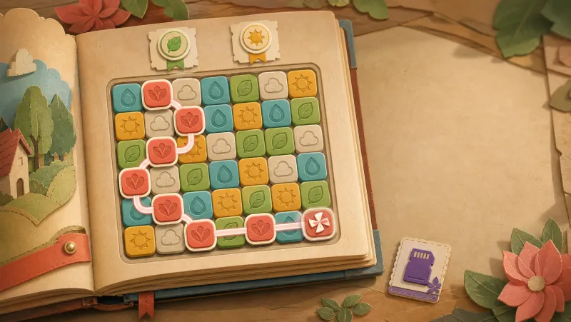 A tactile papercraft puzzle board showing a valid long coral chain and special endpoint.