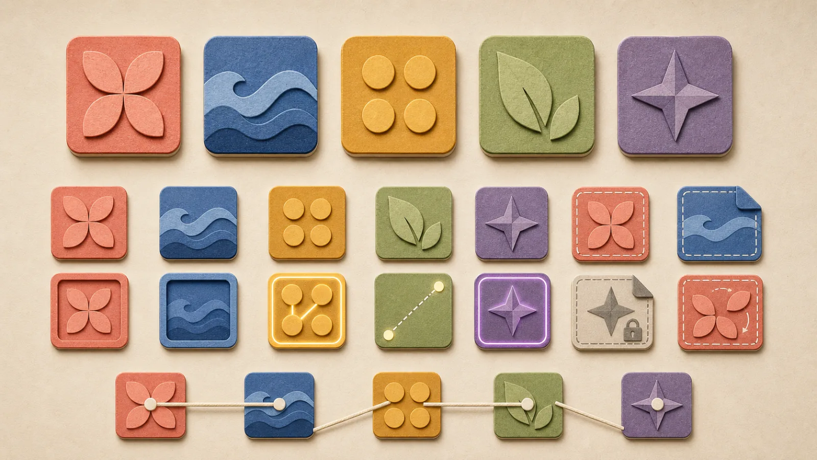 Five tactile color-and-symbol tile families shown across normal, selected, locked and linked states.