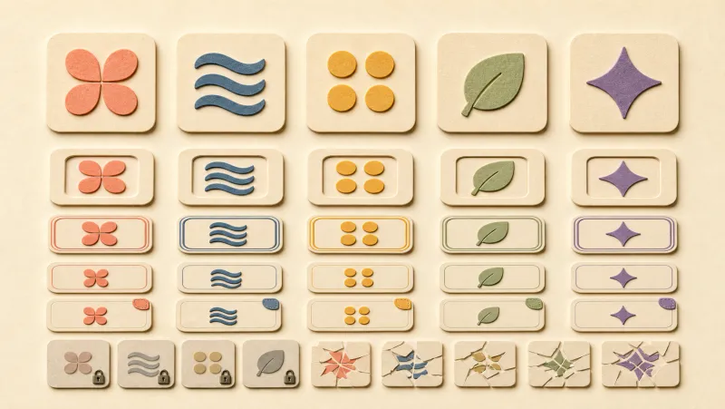 A consistent papercraft component system for tile symbols, objective strips, locks and damaged states.